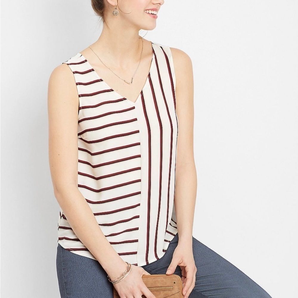 Maurices XXL Cream, Black and Maroon Mixed Stripe V Neck‎ Tank Top
